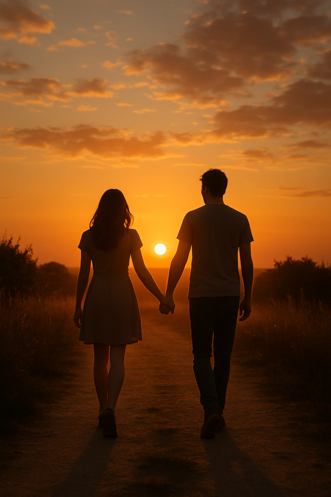 couple walking in the sunset