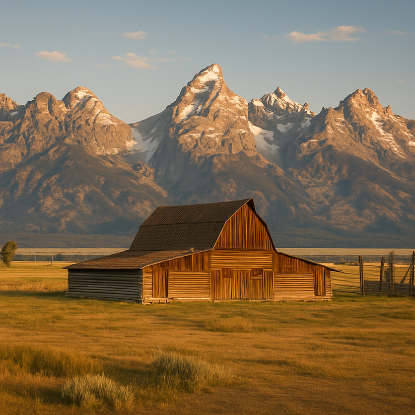 Mormon barn in front of Tetons